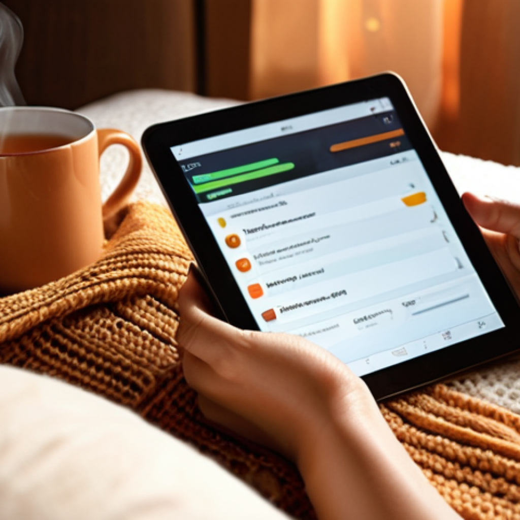 **Prompt:** A person relaxing with a book in a comfortable setting, representing freedom from financial worries. Soft lighting, warm colors. In the background, a simplified financial app interface is subtly displayed on a tablet, hinting at easy financial management. Include elements that evoke a sense of "me time" and relaxation, such as a cup of tea or a cozy blanket. Focus on a Malaysian context.