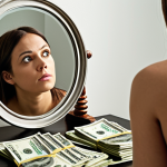 **Prompt:** A person looking in a mirror, seeing a reflection of their spending habits as messy piles of money versus neat stacks representing savings and investments. Concept: "Know Thyself" and understanding spending.