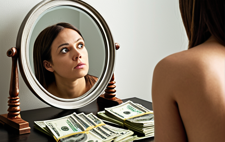 **Prompt:** A person looking in a mirror, seeing a reflection of their spending habits as messy piles of money versus neat stacks representing savings and investments. Concept: "Know Thyself" and understanding spending.